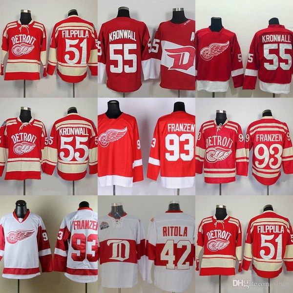 

factory outlet men's detroit red wings #42 ritola #51 filppula #55 niklas kronwall #93 franzen red white new ice hockey jerseys, Black;red