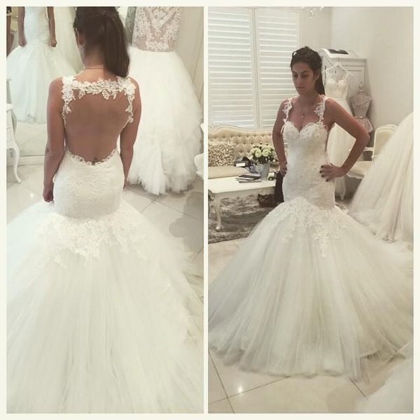 

2019 Newest Mermaid Wedding Dresses Lace Appliques Floor Length Bridal Gowns Lace Up Open Back Renda Vestido De Novia Formal Occasion Dress