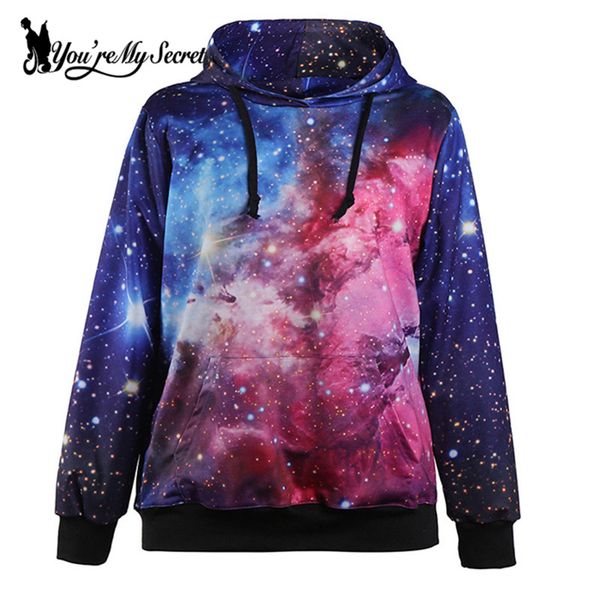 

wholesale- [you're my secret] fashion blue galaxy sky digital print women hooded sweatshirt long-sleeve o-neck sudaderas, Black