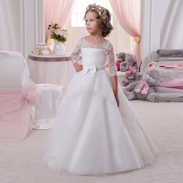

2016 white lace princess flower girls dresses with half sleeves a line sweep train bow first communion dresses for girls, White;blue