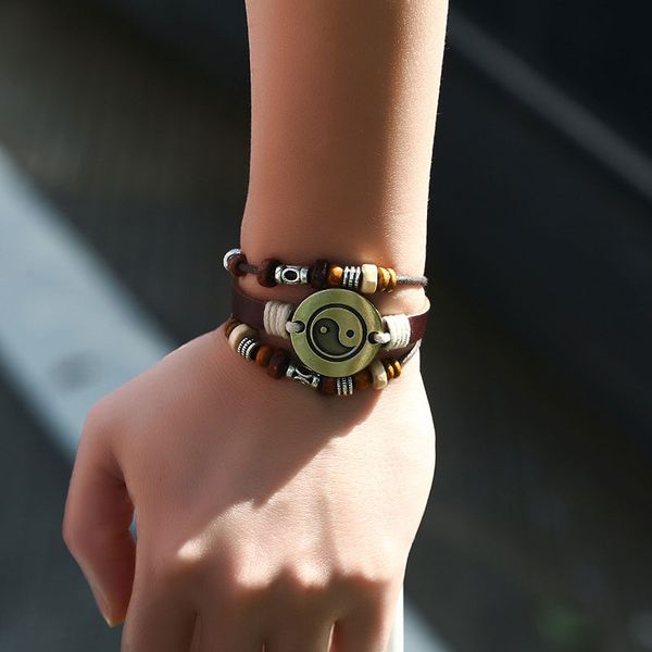 

new tai ji leather bracelets multilayer handmade beads charm adjustable friendship bracelet for men women jewelry, Golden;silver