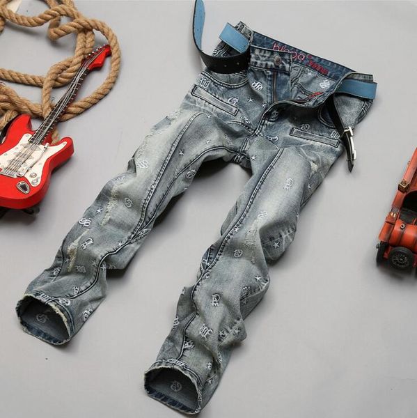 

wholesale-#2732 2016 skinny jeans men fashion casual biker jeans mens biker jeans embroidery stars hip hop jeans for men designer, Blue