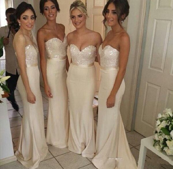 Belos Vestidos de Dama de Honra Bege Top Lantejoulas Querida Vestido de Baile Longo Fita Country Party Vestidos de Noite Barato Petite maid of honor