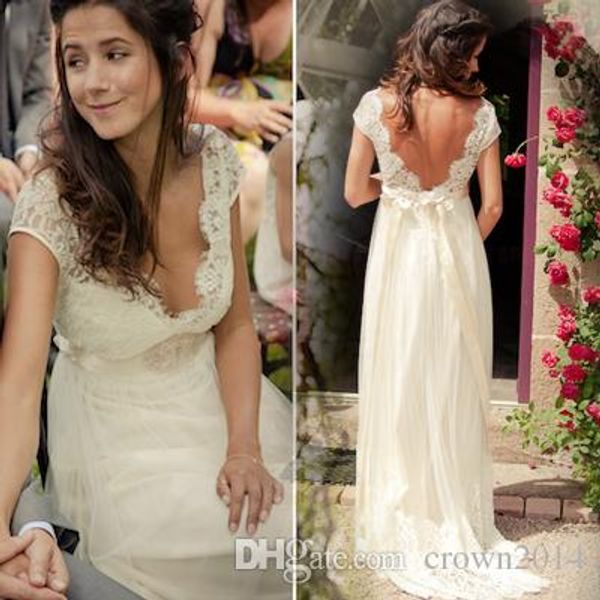 Abito da sposa in cristallo di pizzo da spiaggia con abiti da sposa in chiffon con scollo a V profondo e abiti da festa senza schienale con strascico in vita con perline