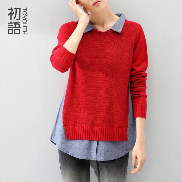 

wholesale-toyouth spring autumn women turn down collar jeans patchwork contrast color slit hem fake two pieces knitted sweater blouse, White;black