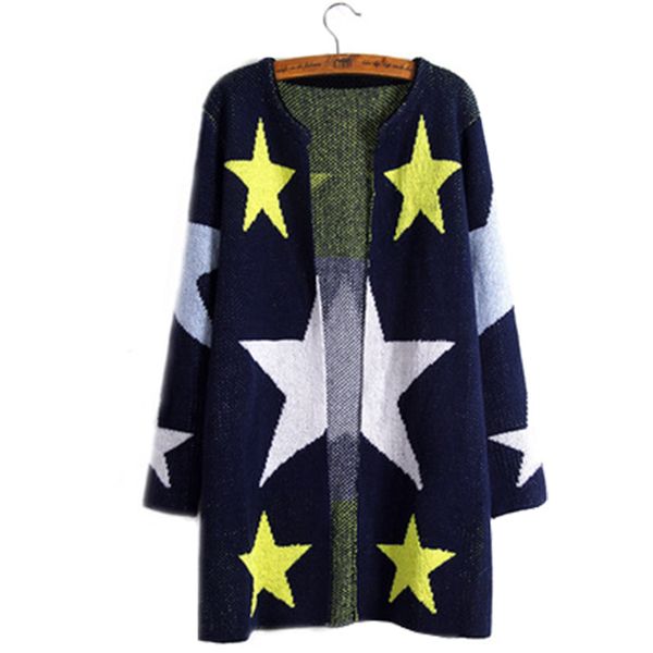 

wholesale- 2016 fall winter cardigan women foreign trade jumper women's five-pointed star knit sweater long loose clothing vestidos mmy, White;black
