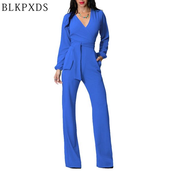 Atacado- verão primavera jumpsuit escritório preto vermelho v neck manga comprida com cinto sexy mulheres clubwear roupas macacão bodysuit playsuit mais