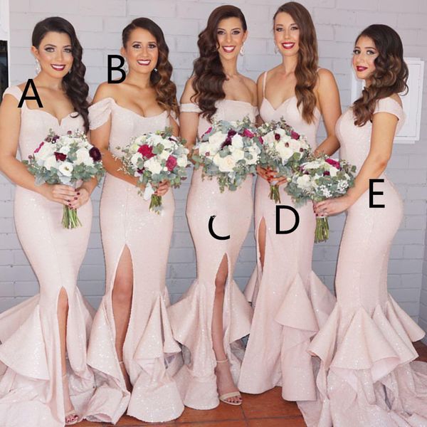 

charm sequins mermaid champagne bridesmaid dresses 2017 five different styles custom made wedding guest dresses with split side, White;pink