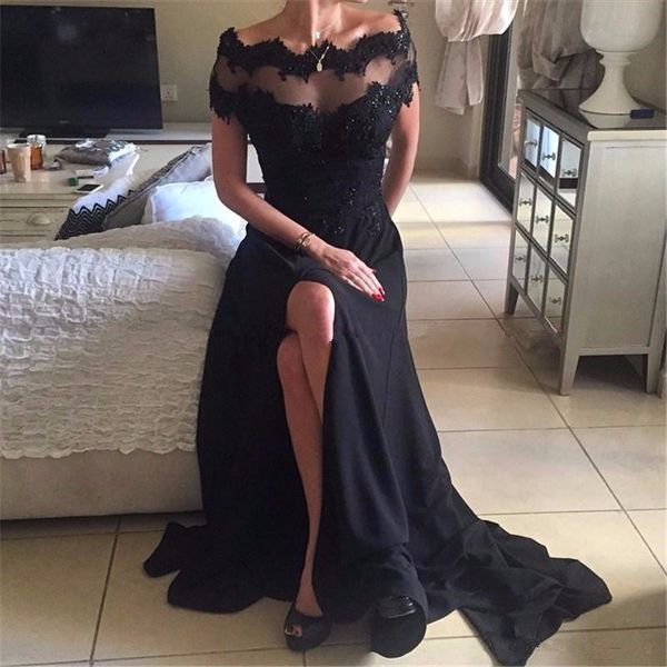 Neuestes schwarzes Chiffon-Abschlussballkleid mit Spitze, Perlen, Flügelärmeln, sexy U-Boot-Ausschnitt, hoher Schlitz, langes Abendkleid für Frauen, Abschlussball-Party-Kleider