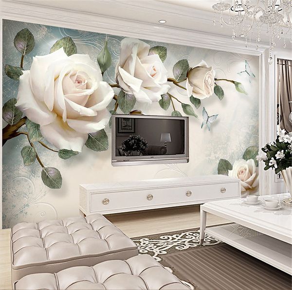 Acheter Fond Décran Européen White Rose Fleur Murale Photo Fonds Décran Living Wall Paper 3d Salle Pintado Pared Rollos Papel Papel De Parede De