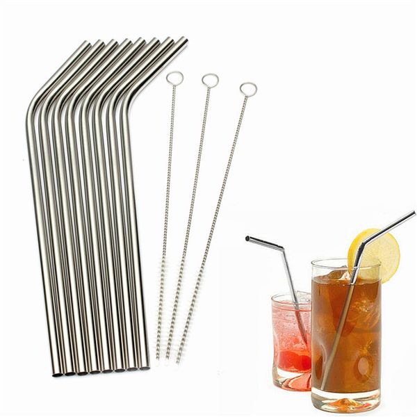 

wholesale kitchen bar accessories 8 pcs stainless straws with 3 cleaner brush metal drinking straw stainless steel bend