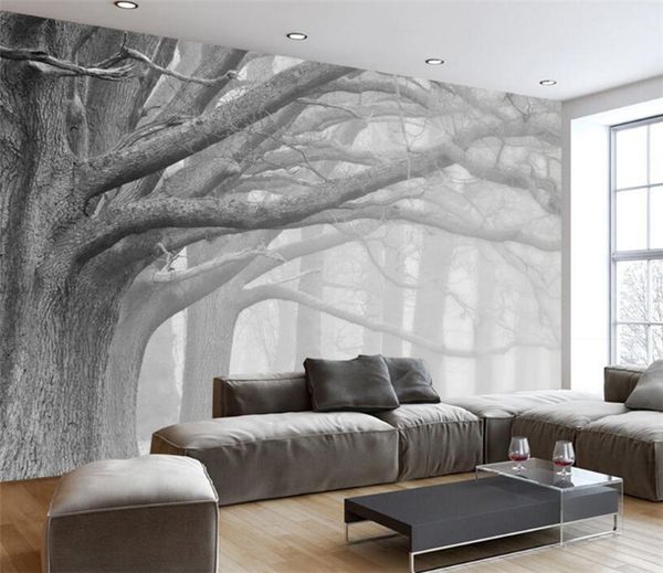 Acquista Carta Da Parati 3d Soggiorno Murales Camera Da Letto Moderna Foresta In Bianco E Nero Albero Arte Tv Murales Carta Da Parati Pareti 3 D A