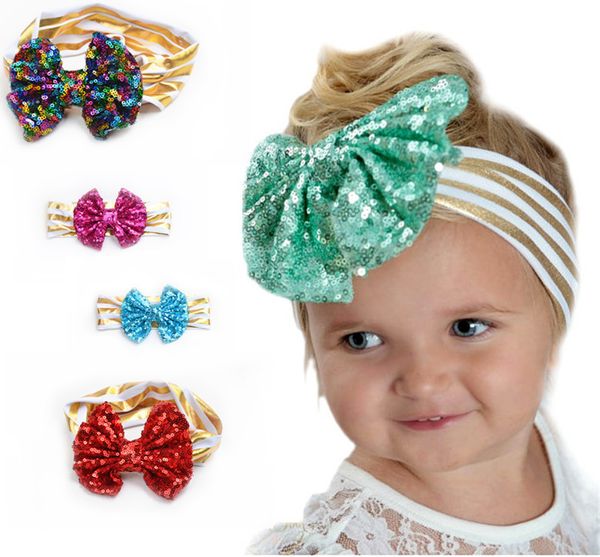 

baby big sequin bows bright striped headbands children boutique hair bows head bands kids hair bows hair accessories christmas party gift, Slivery;white