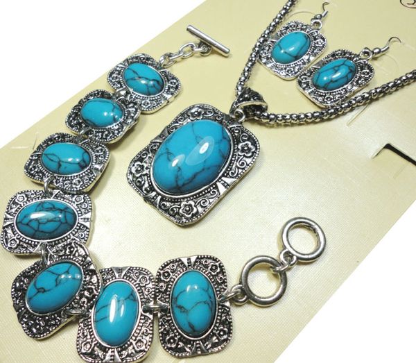 

1 компл. Античный серебряный синий камень браслет серьги ожерелье 3 в 1 ювелирные и