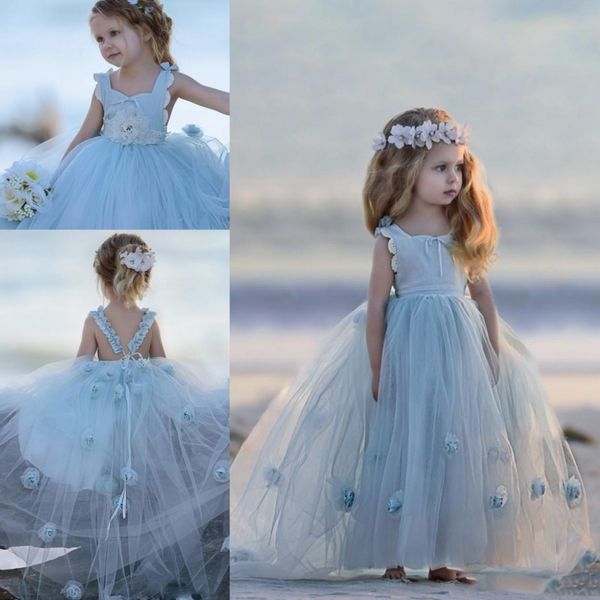 Abiti da spettacolo per neonate con scollo quadrato azzurro, fiori fatti a mano, abito da ballo in tulle, abiti da ragazza di fiori, abiti da comunione per bambini