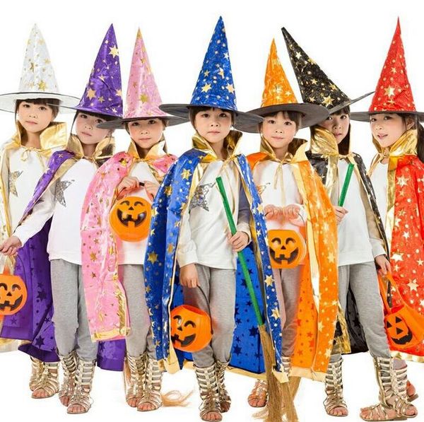 Halloween Cloak Cap Party Cosplay Prop per Festival Fancy Dress Costumi per bambini Witch Wizard Gown Robe and Hats Costume Cape Kids A17091