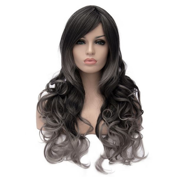 

woodfestival grey black ombre wig wavy heat resistant synthetic fiber wigs long curly hair natural women