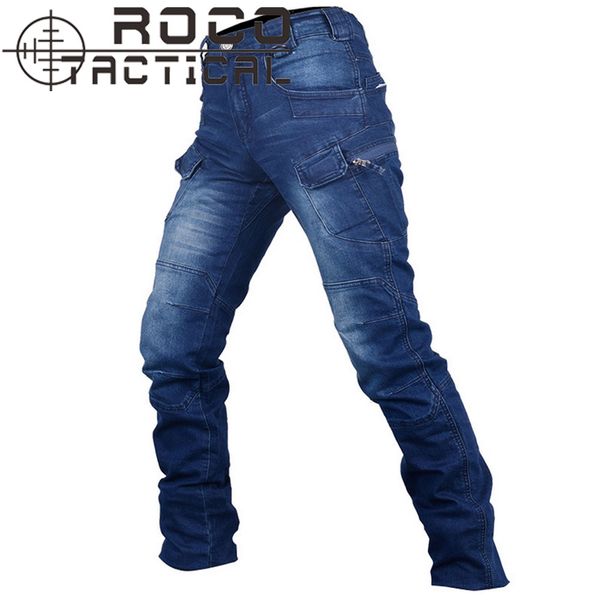 

wholesale-quality mens straight tactical cargo jeans outdoor casual multi-pockets urban denim tactical jeans denim blue cordura