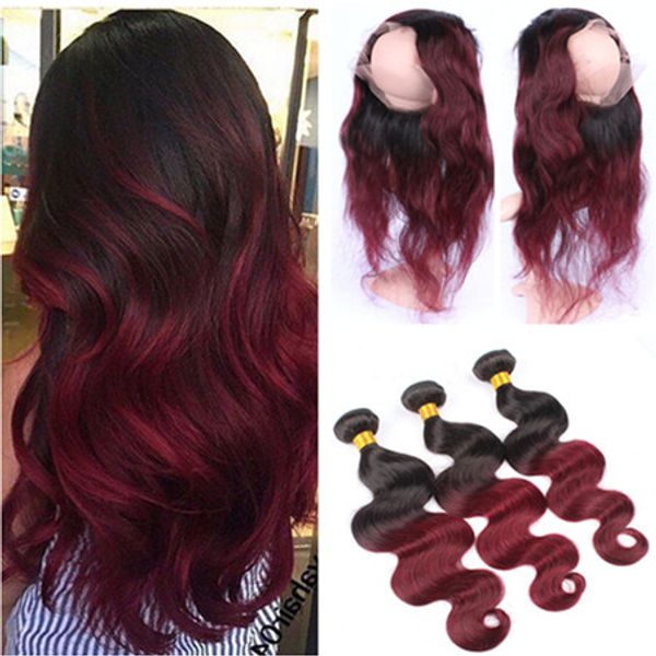 Brazilian Wine Red Ombre Hair With 360 Lace Frontal 22 5x4x2 Body
