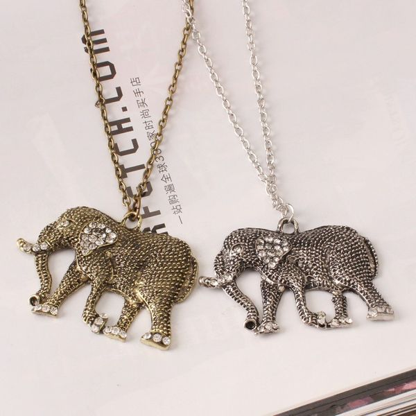 

trinket wholesale alloy vintage engraved proboscis elephant crystal diamond long necklace wholesale ing, Silver
