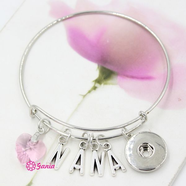 

new arrival interchangeable pink crystal heart initial letter love nana wire expandable 18mm snaps bangles bracelets for valentine, Golden;silver