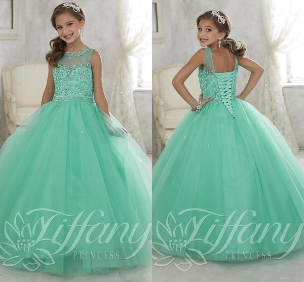 

cute mint green little girls pageant dresses tulle sheer crew neck beaded crystals corset back flower girls birthday princess dresses, White;red