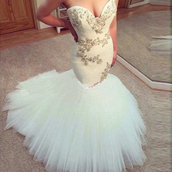 

новые очаровательные русалка свадебные платья милая кристаллы бисероплетение блесток тюль свадебные платья vestido de noiva custom w072, White