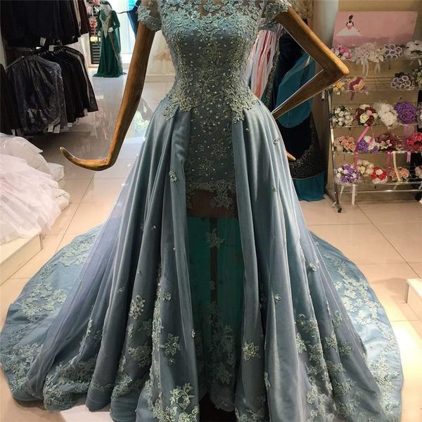 Long Plus Size Rock Azul Elegante Lace Applique Cristal Sleeves Curto Prom Vestido de Luxo Vestidos formais para mulheres Vestidos de noite árabe