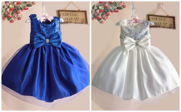 

ems dhl new kids elegant sash bow flower children girls dresses sleeveless princess easter sequin sparkle occasion dress, White;blue