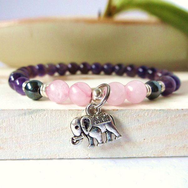 SN0344 Braccialetto elefante all'ingrosso quarzo rosa ametista braccialetto in pietra naturale forza Ganesh braccialetto di guarigione yoga mala