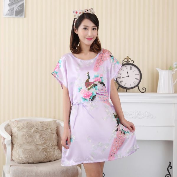 

wholesale- print women faux silk robe dress summer new sleepshirt casual nightgown kimono bath gown peacock&flower  s0123, Black;red