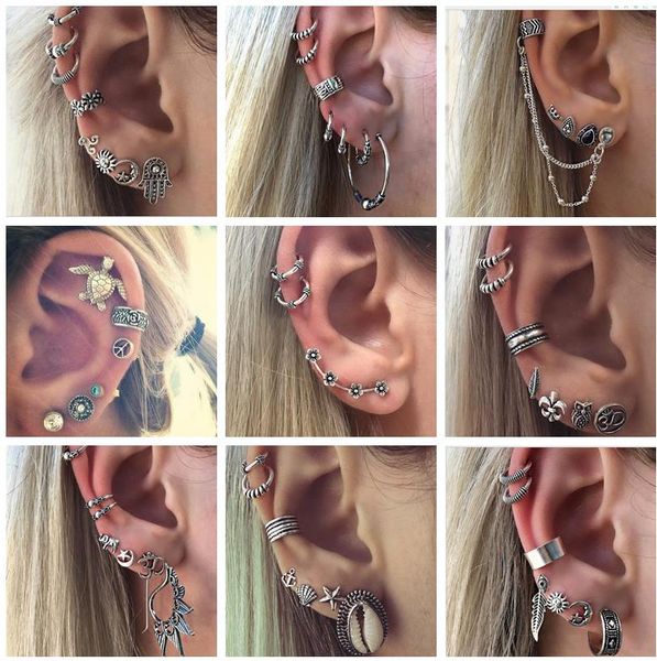 

7 8 pcs earring set with stud earrings bohemian sun moon ear stud female fashion punk accessories earrings ear clip wholesale, Golden;silver