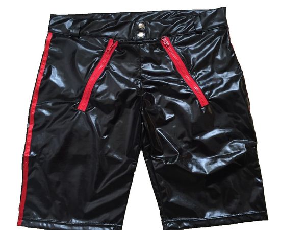 

wholesale-new erotic men's leather shorts lingerie boxers black faux leather pu shorts for male underwear underpants, Black;white