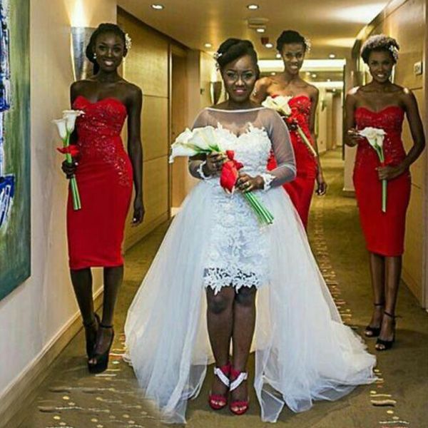 

plus size high low wedding dress sheath short lace bride dresses with detachable train sheer bateau neck long sleeves backless design, White