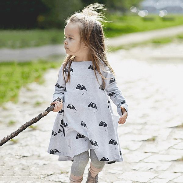 2018 Spring Gilrs Children Dresses Long Sleeve Pockets Mouse Pattern