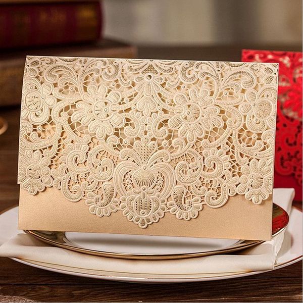 

100pcs gold horizontal laser cut wedding invitations cards kits with hollow flora favors pearl paper cardstock for customizable