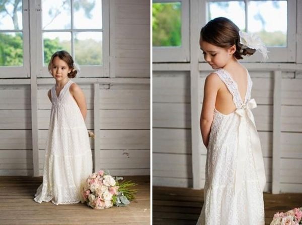 Romantik V Yaka Yaz Boho Çiçek Kız Elbise Kat Uzunluk Vintage Maxi Dantel Küçük Gelin Törenlerinde Plaj Düğün için Uygun