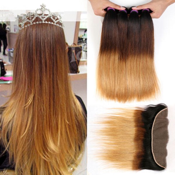 Ombre Hair Extensions With Closure Three Tone 1b 4 27 Brown Blonde