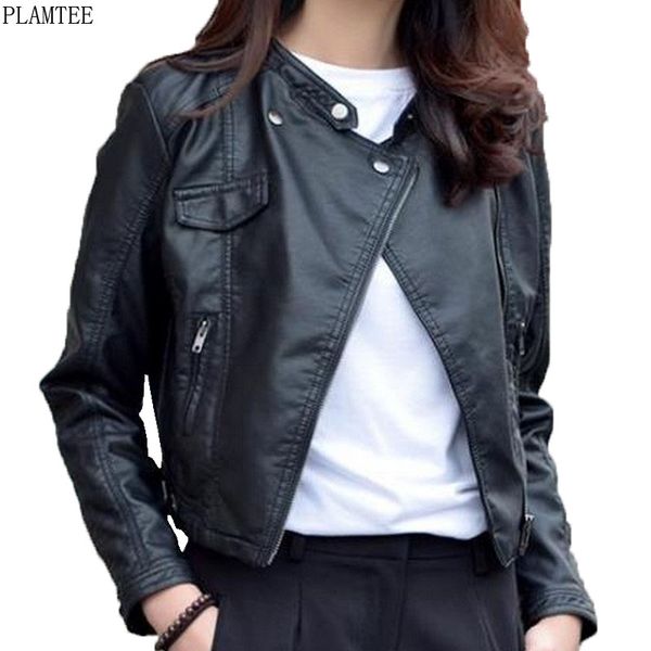 

wholesale- harajuku cropped leather jacket coats women spring v neck long sleeve bomber jacket women short zipper basic coats 2017 new, Black;brown