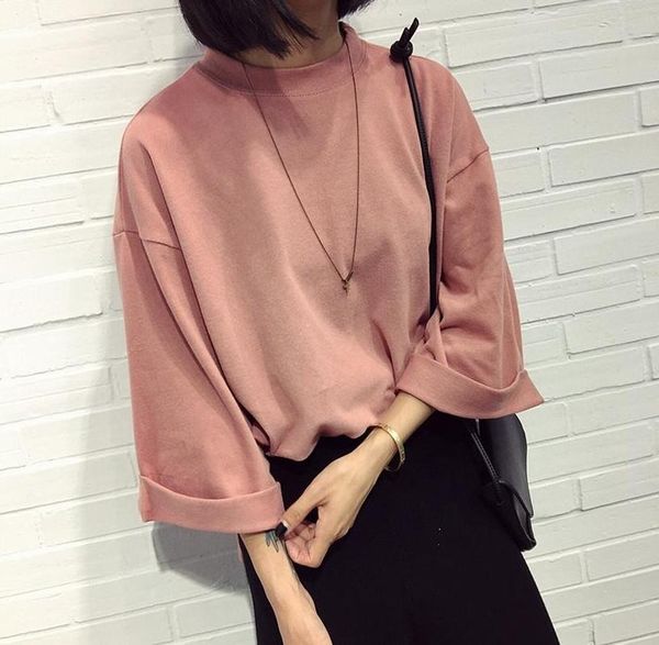 

2016 spring new loose solid color t-shirt was thin korean wild sleeve, White