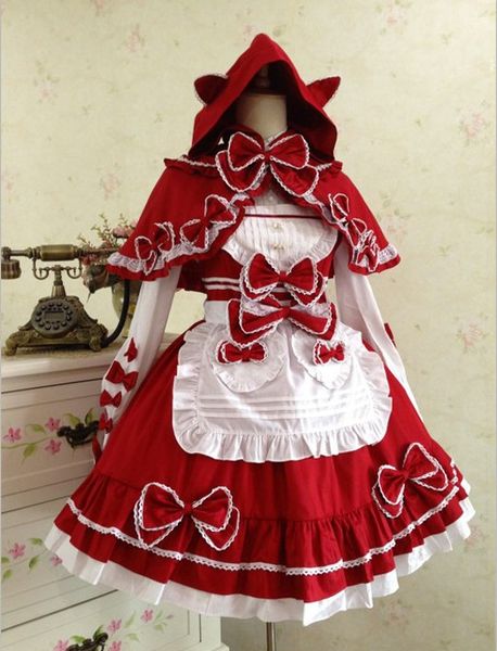 

llt007) little red riding hood cape maid lolita dress bud silk condole belt dress restoring ancient ways, Black;red