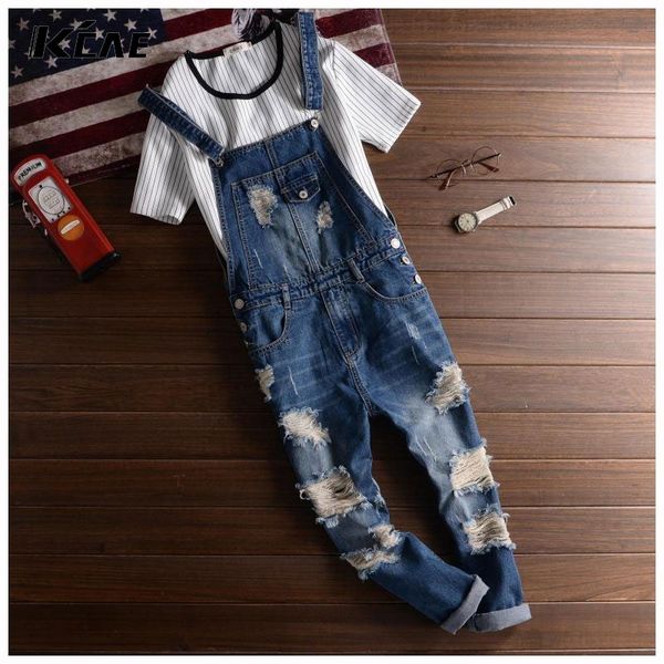 

wholesale-men's cool ripped hole blue denim overalls mens denim jumpsuit bib pants suspenders trouser for man straight jeans for male