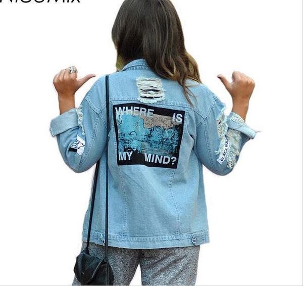 Wholesale- 2017 denim jaqueta mulheres impressão onde é minha mente bombardeiro jaqueta apliques streetwear vintage rasgado jeans jaqueta