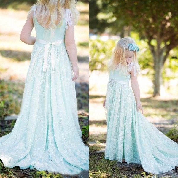 

vintage girls dresses special occasion a line mint green scoop neck sleeveless beaded crystals sash kids formal lace gowns sweep train, White;blue
