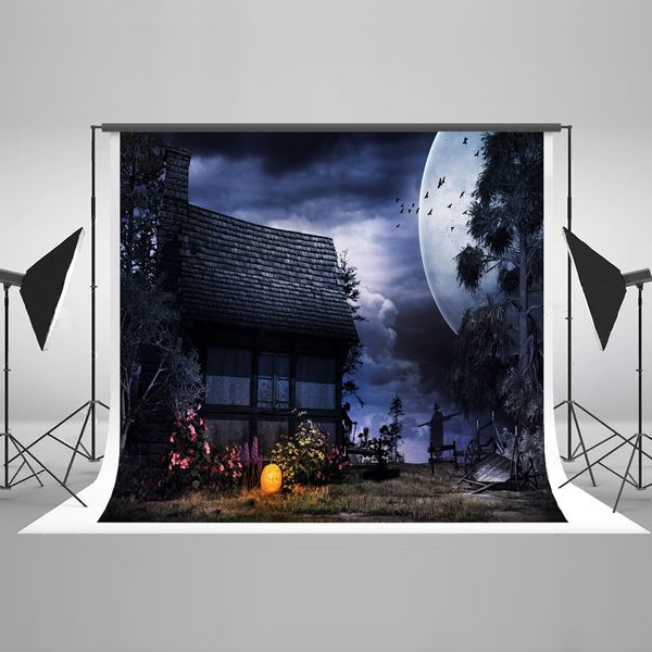 Freeshipping Noite Foto Fundo Halloween Casa Velha Lua Cenários de Imagem Feliz Abóbora Crianças Fotografia Cenário