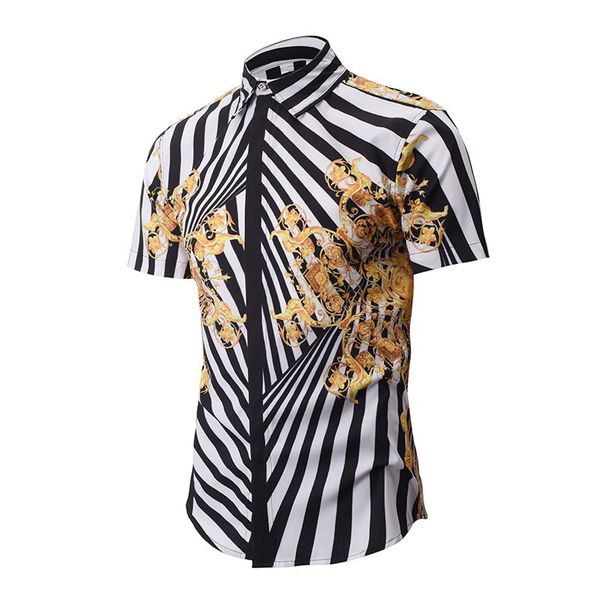 

Wholesale- 2017 new Men's Fancy Shirts Fashion Gold Striped Shirt Men Retro Floral Hawaiian Shirt Casual Short Sleeve Baroque Shirt Tops