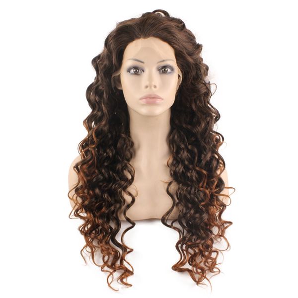 

long curly auburn tip brown two tone ombre lace front wig, Black