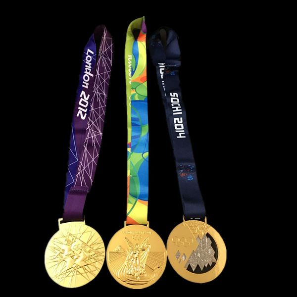 

3 pcs per lot mix. three designs olympic gold medals 2012 london 2014 sochi 2016 rio badges with ribbon championship award for player
