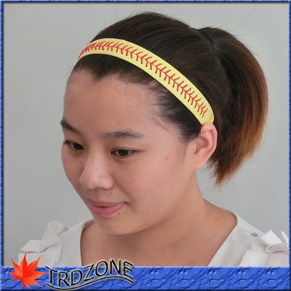 

yellow with red seamed stitching real leather softball sports headband, Silver