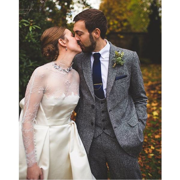 

На заказ серый твидовый свадебный костюм для мужчин классический Slim Fit жених блей